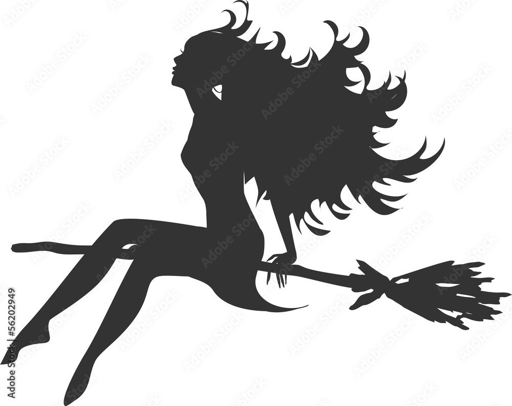 Silhouette of beautiful witch sitting on broom