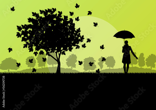 Maple tree autumn leaves and girl with umbrella background vecto