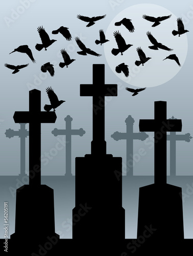 Halloween spooky graveyard, cemetery vintage background with gra