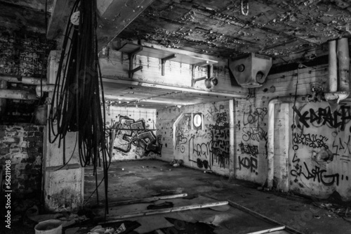 Dark abandoned scary factory room