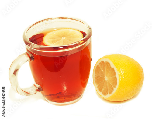 cup of tea with sliced lemon and lemon isolated on a white back