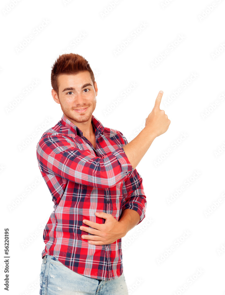 Young attractive men pointing something with the hand Young attractive men pointing something with the hand