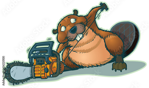 Cute Beaver Strarting Chainsaw Vector Cartoon
