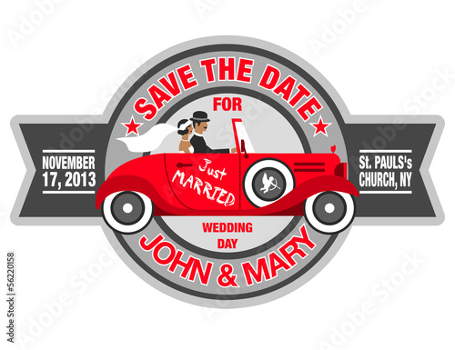 wedding invitation with bride and groom in retro car 2
