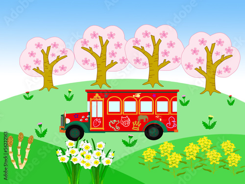 春の草原を走るバス #56222163