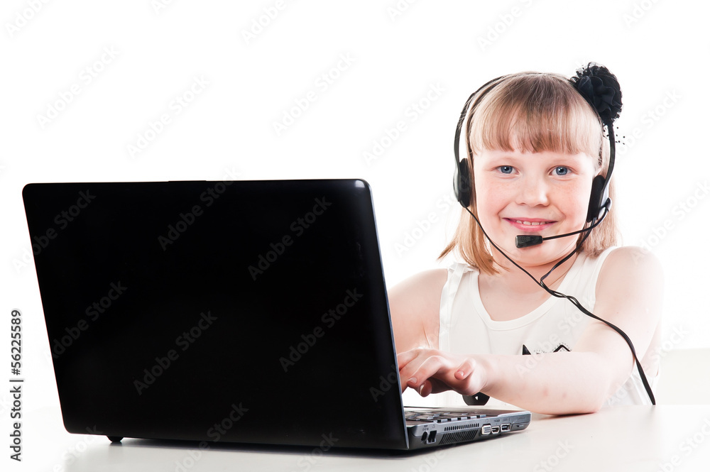 beautiful girl with a laptop and headset beautiful girl with a laptop and headset