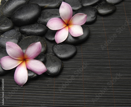 zen stones and two frangipani on stick straw mat