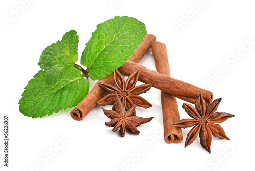 Fototapeta Naklejka Na Ścianę i Meble -  Sticks of cinnamon with mint and anise