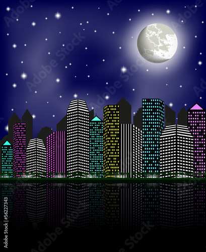 Night city, clear sky and moon, vector illustration