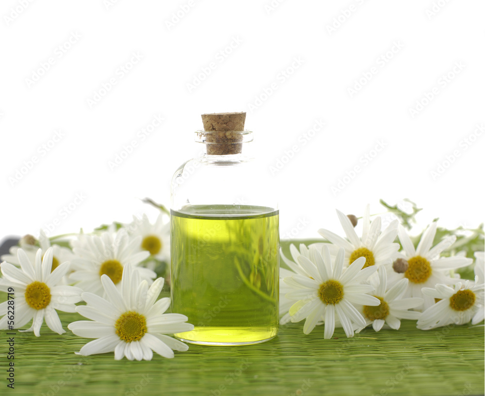 Glass Bottle with daisy flowers on green mat Glass Bottle with daisy flowers on green mat