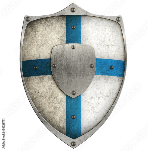 aged metal shield with blue...