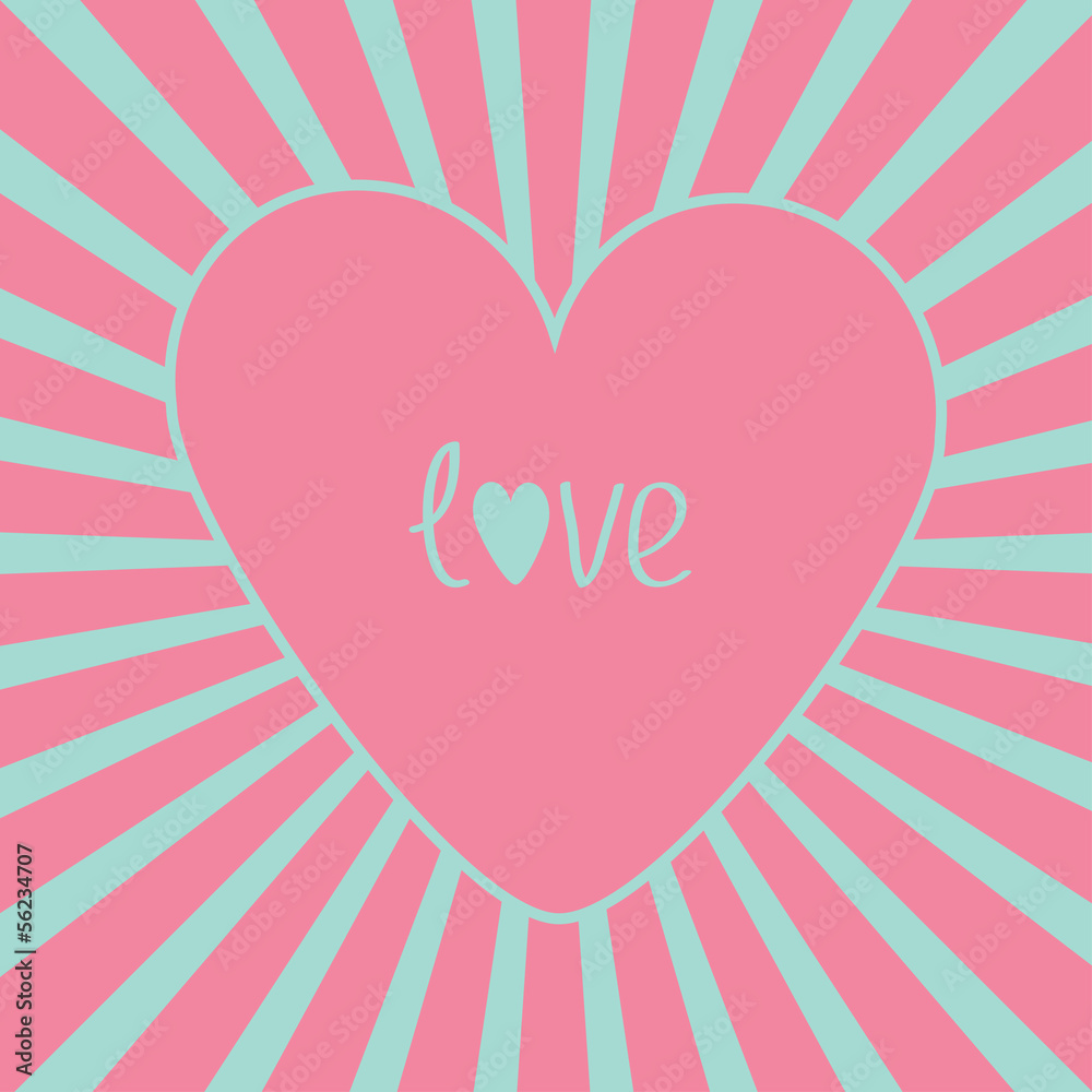 Pink heart with sunburst. Love card.