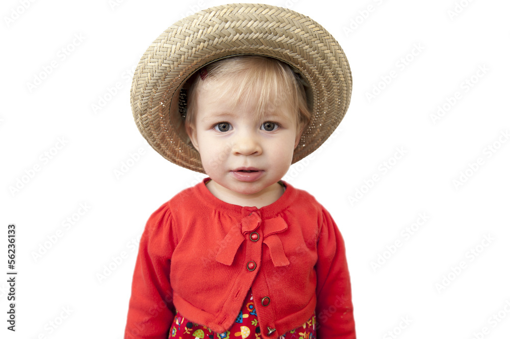 little toddler with summer straw hat, isolated on white little toddler with summer straw hat, isolated on white