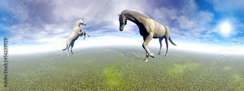 Horses in green landscape - 3D render