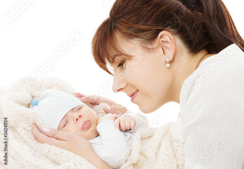 mother holding newborn baby sleeping over white background