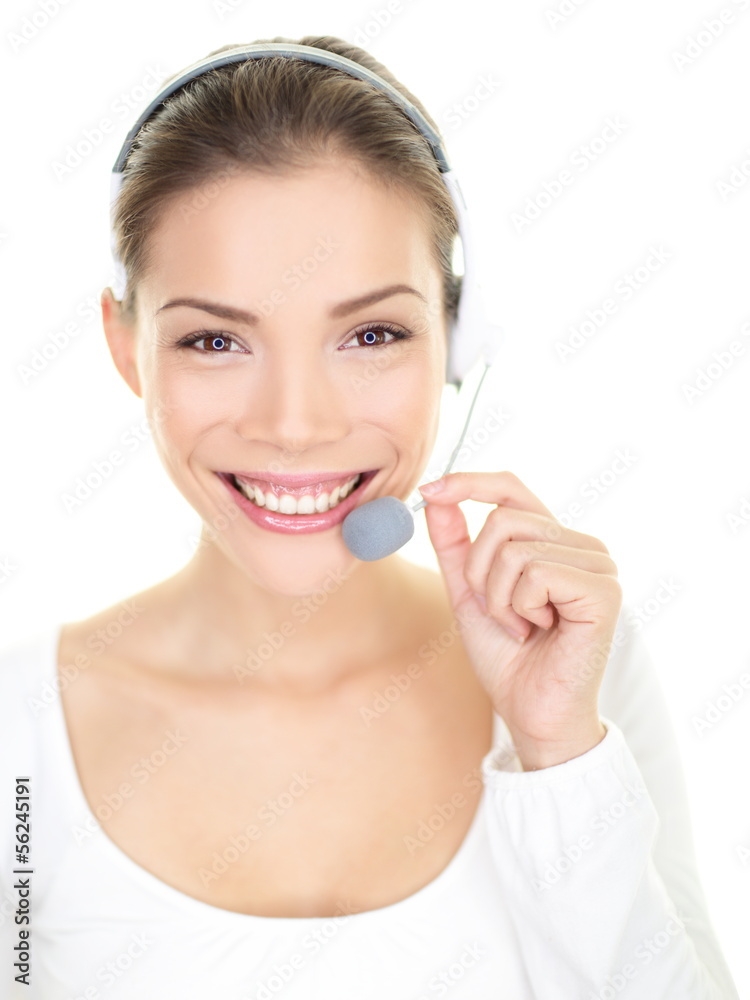 Headset woman smiling call center customer service Headset woman smiling call center customer service