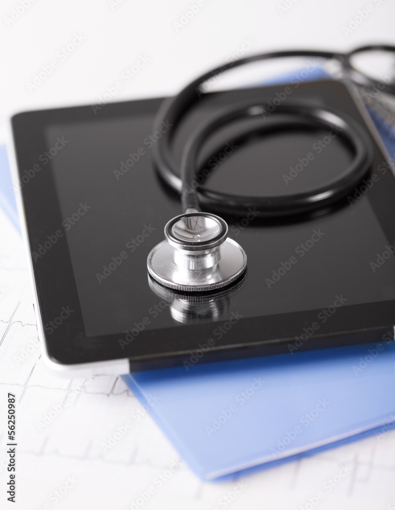 tablet pc, stethoscope and electrocardiogram tablet pc, stethoscope and electrocardiogram