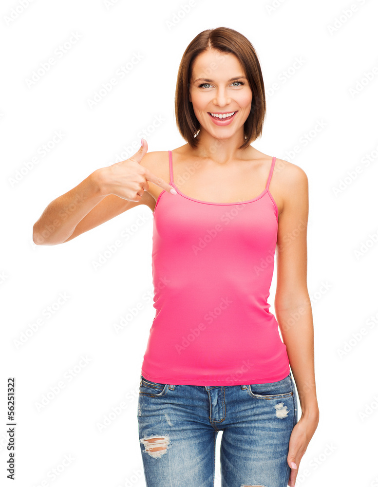 woman in blank pink shirt showing thumbs up woman in blank pink shirt showing thumbs up
