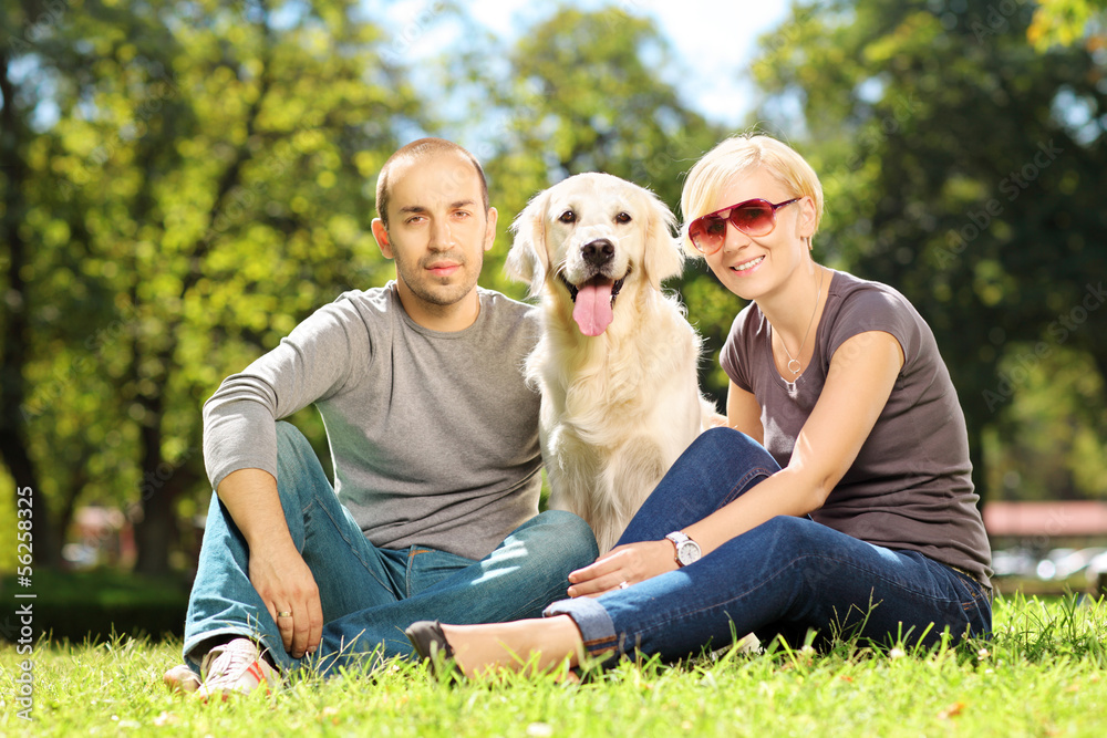 Fototapeta premium Smiling young couple hugging a dog in a park