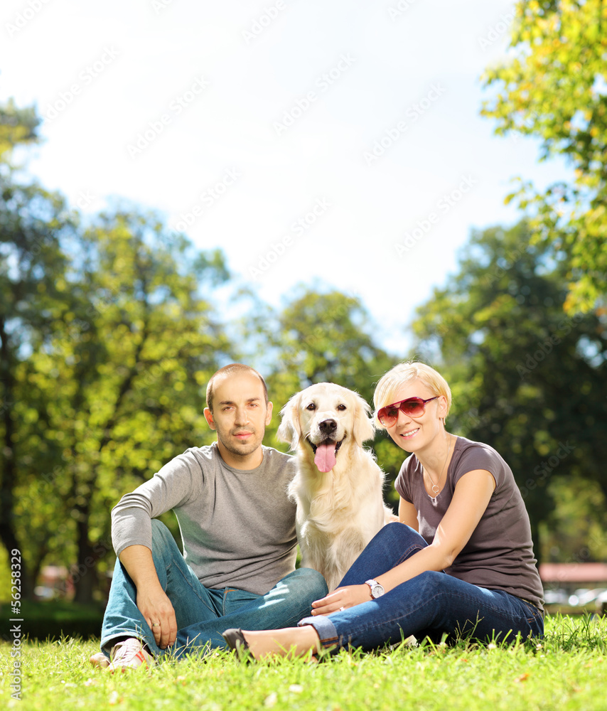 Fototapeta premium Smiling young couple hugging a labrador retreiver dog in a park