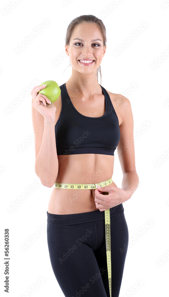 Young woman with measuring tape, isolated on white