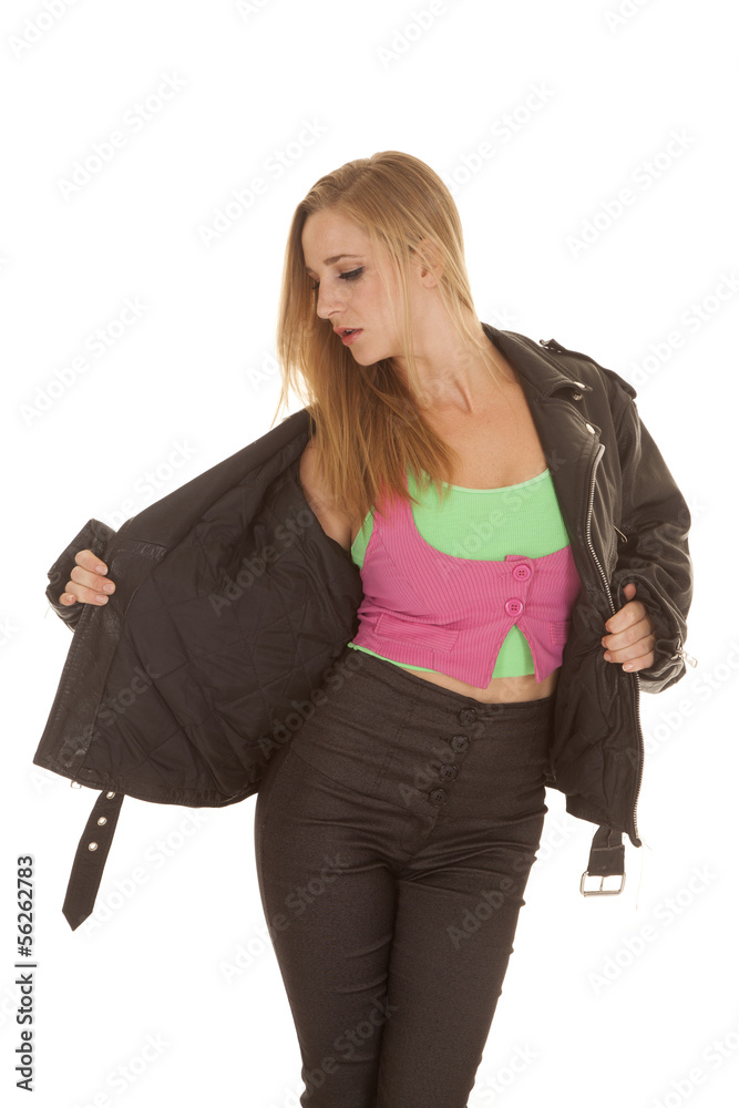 woman pink green black jacket look side woman pink green black jacket look side
