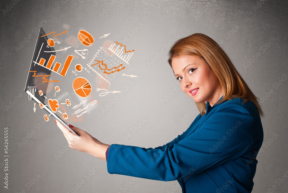 Beautiful lady holding notebook with graphs and statistics Beautiful lady holding notebook with graphs and statistics