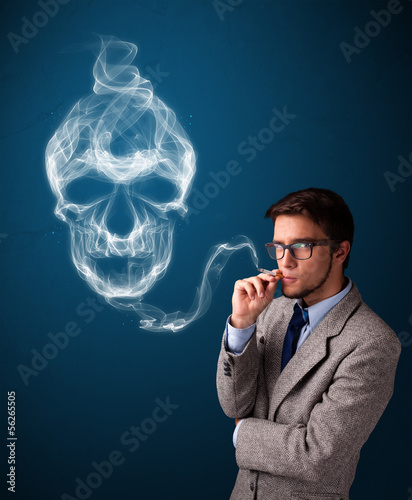 Young man smoking dangerous cigarette with toxic skull smoke