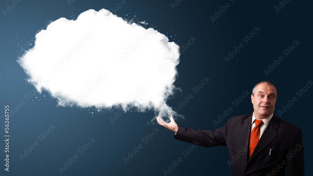 businessman presenting abstract cloud copy space businessman presenting abstract cloud copy space