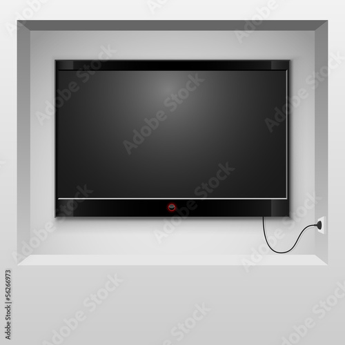 Modern TV hanging in wall niche vector illustration.