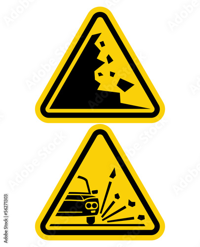 sign of falling rocks and slippery road sign