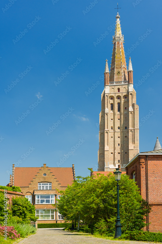 Our Lady Church in Bruges in a summer day