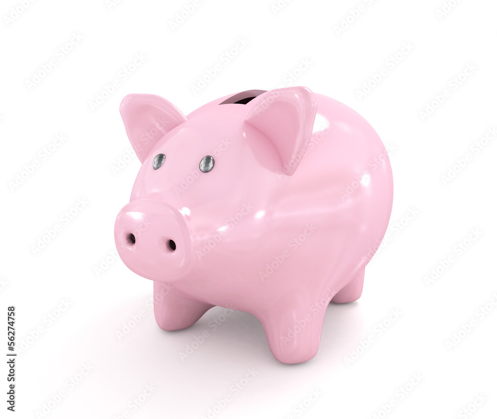 Piggy bank with coin, on white