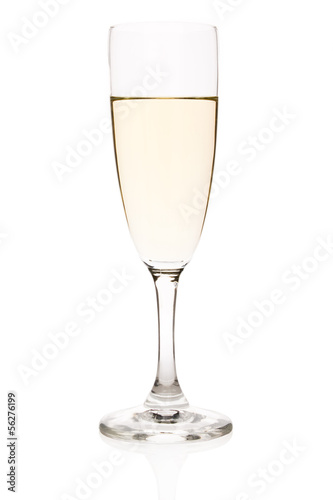 Flute with white wine isolated on white.
