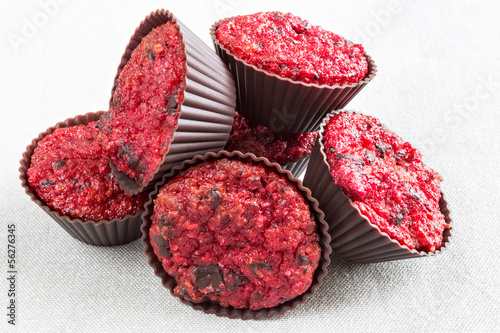 Mini sized red beetroot muffins with dark chocolate