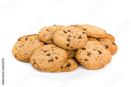 Pile of chocolate chip cookies isolated on white background