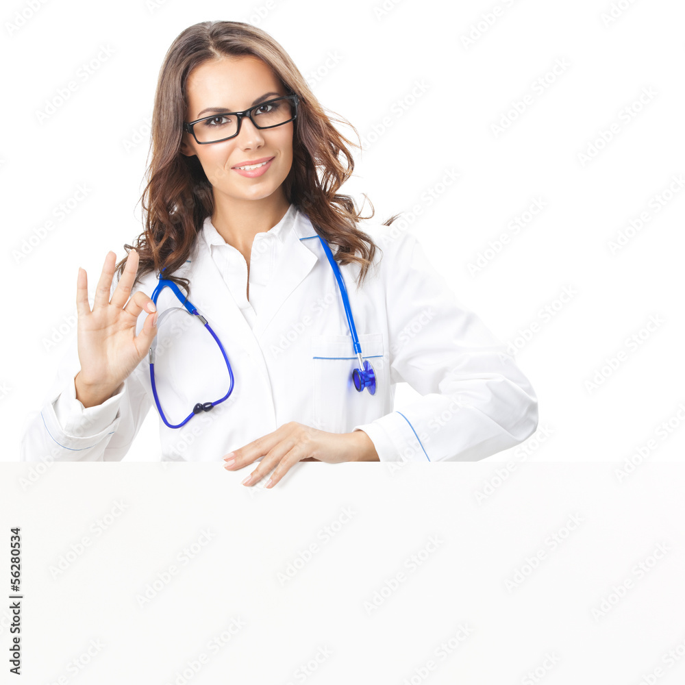 Doctor showing blank signboard, isolated Doctor showing blank signboard, isolated