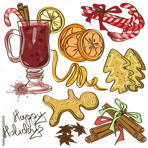 Set of icolated icons with ingredients for Mulled Wine cocktail