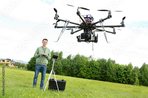 Technician Flying UAV Octocopter in Park