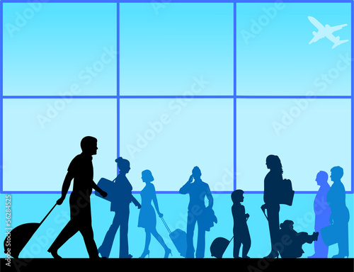 Passengers with luggage in airport lounge silhouette layered