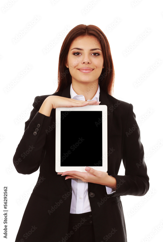 businesswoman showing a display of electronic tablet businesswoman showing a display of electronic tablet