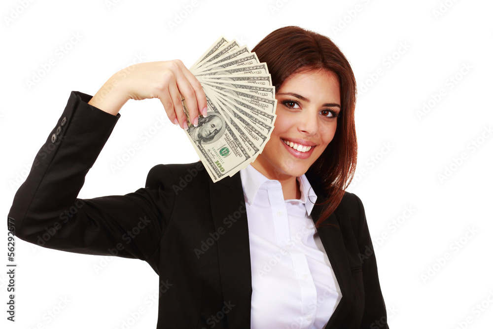 Happy businesswoman holding stack of dollars Happy businesswoman holding stack of dollars
