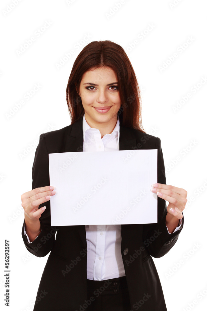 Businesswoman holding a banner and looking at camera Businesswoman holding a banner and looking at camera
