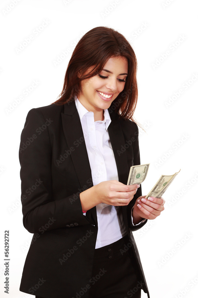 Happy businesswoman counting cash isolated on white Happy businesswoman counting cash isolated on white