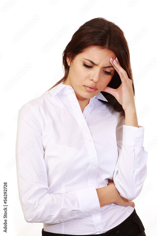 young woman with a headache isolated on white young woman with a headache isolated on white