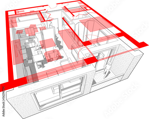 Perspective cut-away diagram of a 1-bedroom apartment