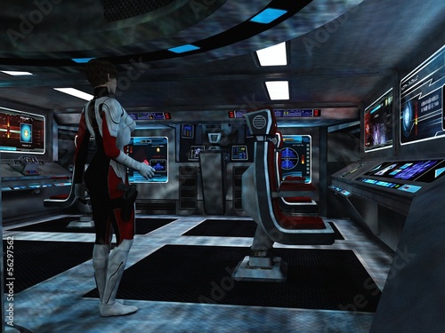 Scifi female trooper in command and control centre