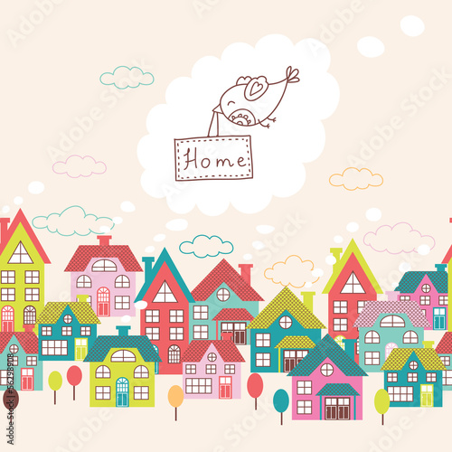 Houses seamless ornament. Cute vector background with doodle cit