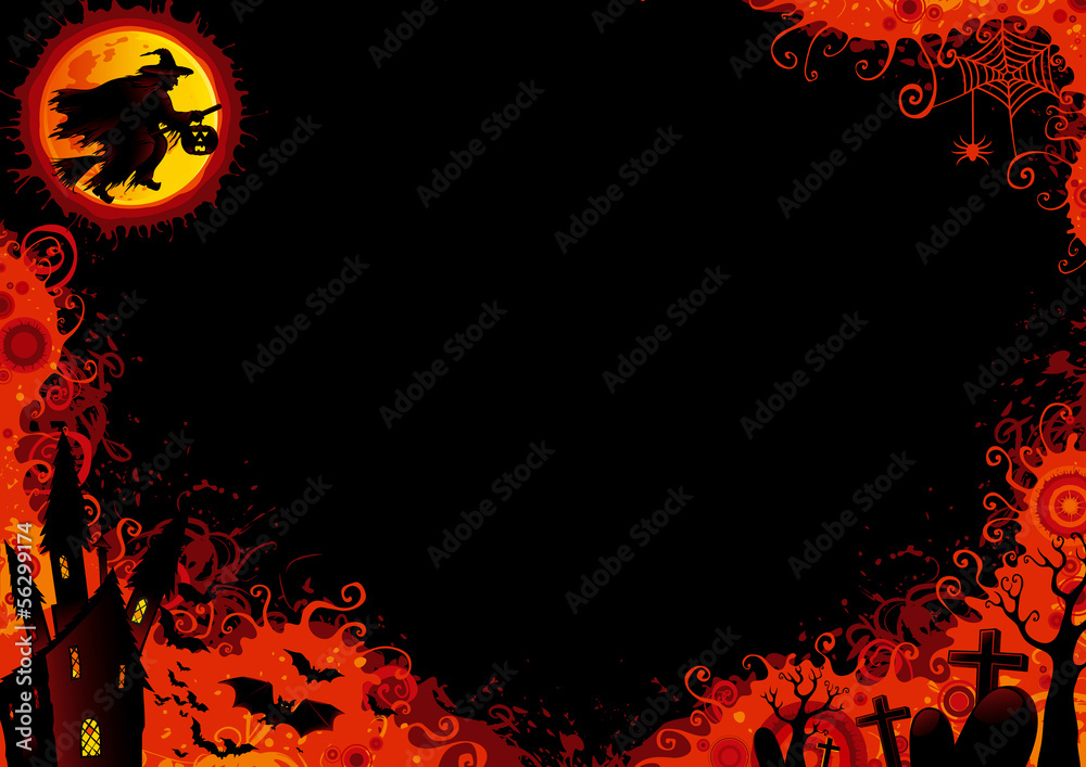 Vector Halloween background with witch, bats, grave stone.