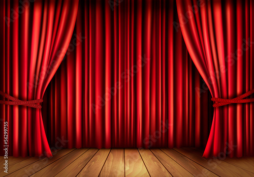 Background with red velvet curtain and a wooden floor. Vector il